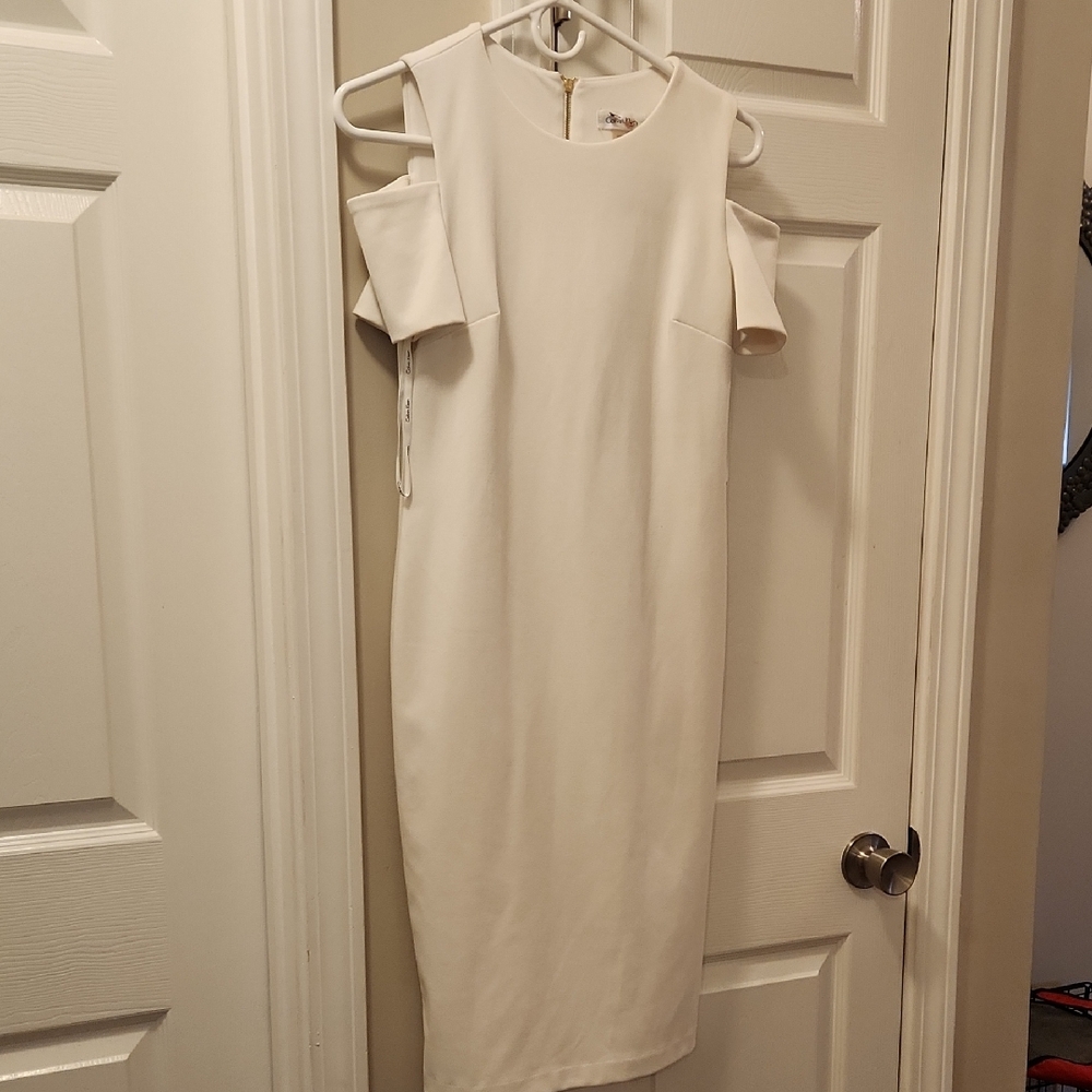 Calvin Klein Collection Cream Cold-Shoulder Midi Dress